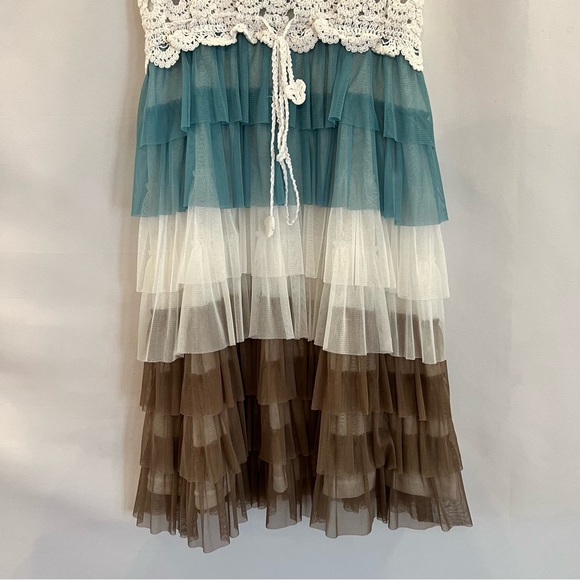 Babydoll Tiered Mini Dress, Cream/Teal/Brown, Size XL - Picture 3 of 7
